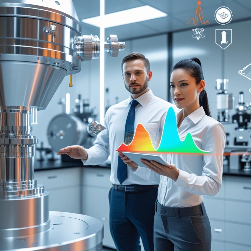 Deux ingénieurs en tenue professionnelle dans un laboratoire moderne de spectroscopie, tenant une tablette affichant des spectres colorés, avec des équipements scientifiques et des pictogrammes technologiques en arrière-plan.