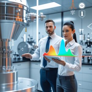 Deux ingénieurs en tenue professionnelle dans un laboratoire moderne de spectroscopie, tenant une tablette affichant des spectres colorés, avec des équipements scientifiques et des pictogrammes technologiques en arrière-plan.