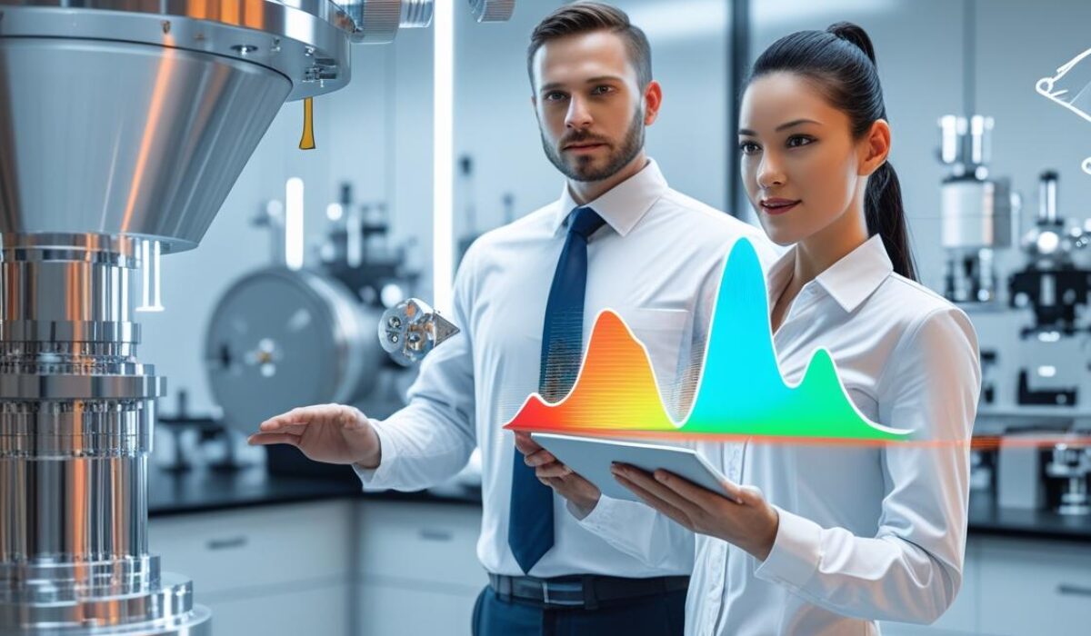 Deux ingénieurs en tenue professionnelle dans un laboratoire moderne de spectroscopie, tenant une tablette affichant des spectres colorés, avec des équipements scientifiques et des pictogrammes technologiques en arrière-plan.